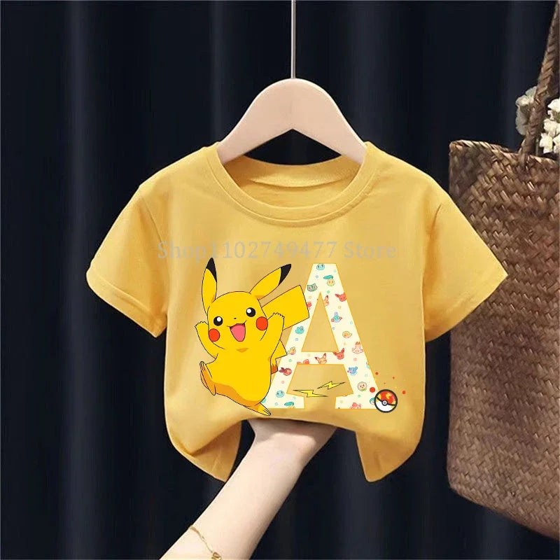 Pikachu Kids Short Sleeved T-shirt PPokemons Cartoon Tees Anime Letter Printed Top Boys Girls Tops Shirt Casual Clothing Gift