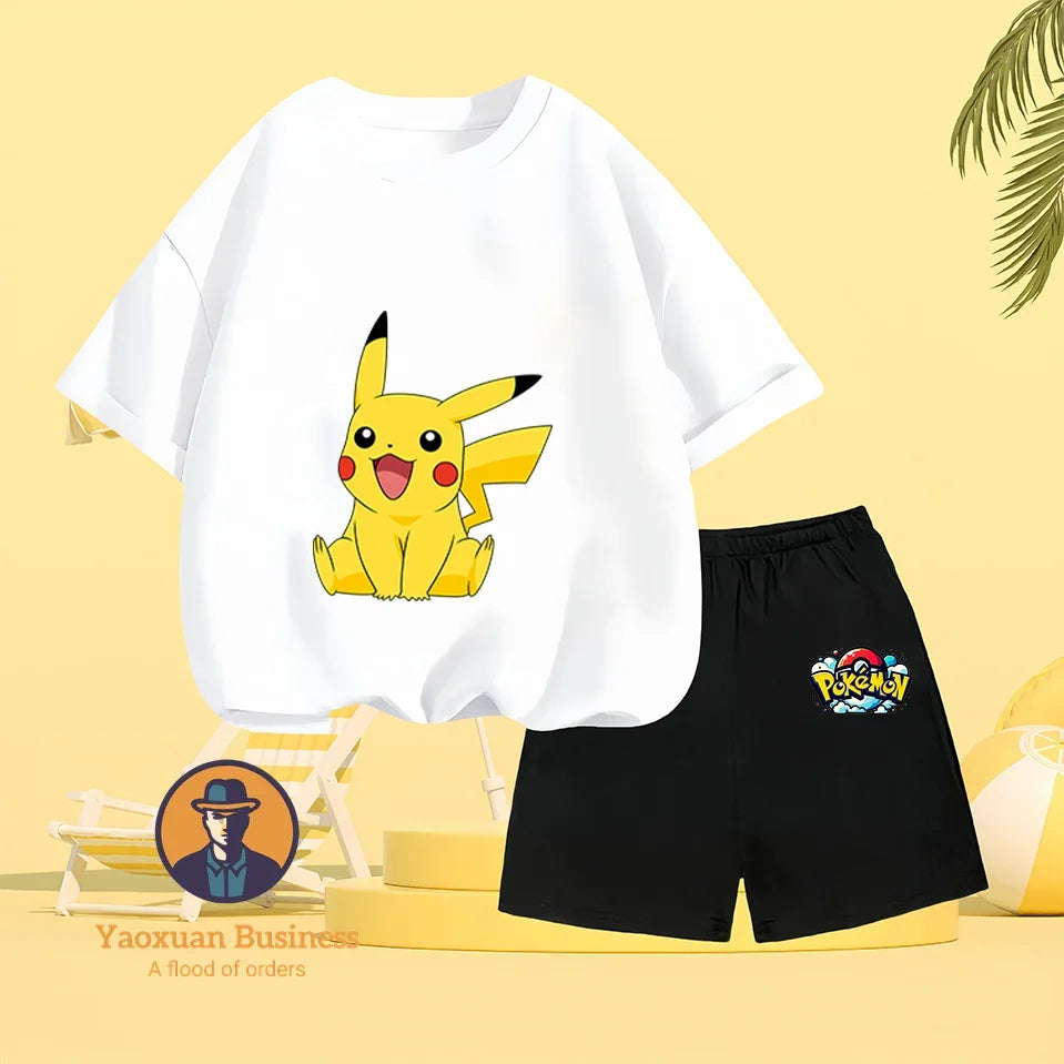 Children's Short-sleeved Set, Anime Pikachu Fashion T-shirt Style, Casual Pokemon Boys and Girls T-shirt Children's Clothing