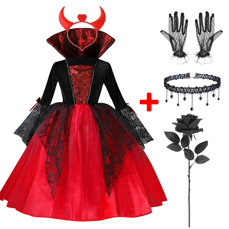 Costume da Cosplay di Vampira per Bambina 2024 - Abito da Halloween per Bambine, Sposa Fantasma Gotica, Outfit da Carnevale in Nero e Rosso