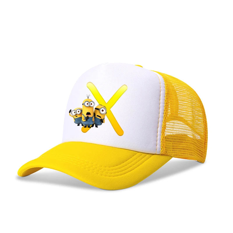 Cute Minionss Baseball Cap Kids Adult Letters A-Z Despicable Mes Movie Print Hat Outdoor Casual Sunshade Summer Girl Kawaii Gift