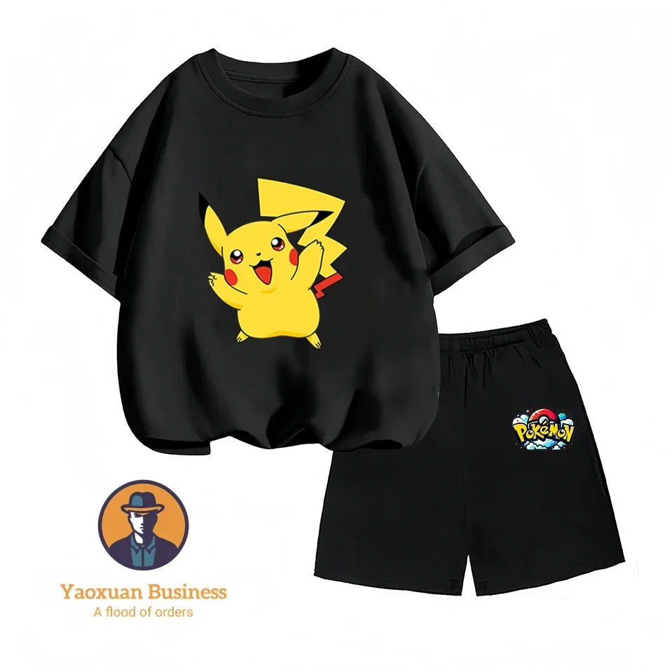 Children's Short-sleeved Set, Anime Pikachu Fashion T-shirt Style, Casual Pokemon Boys and Girls T-shirt Children's Clothing