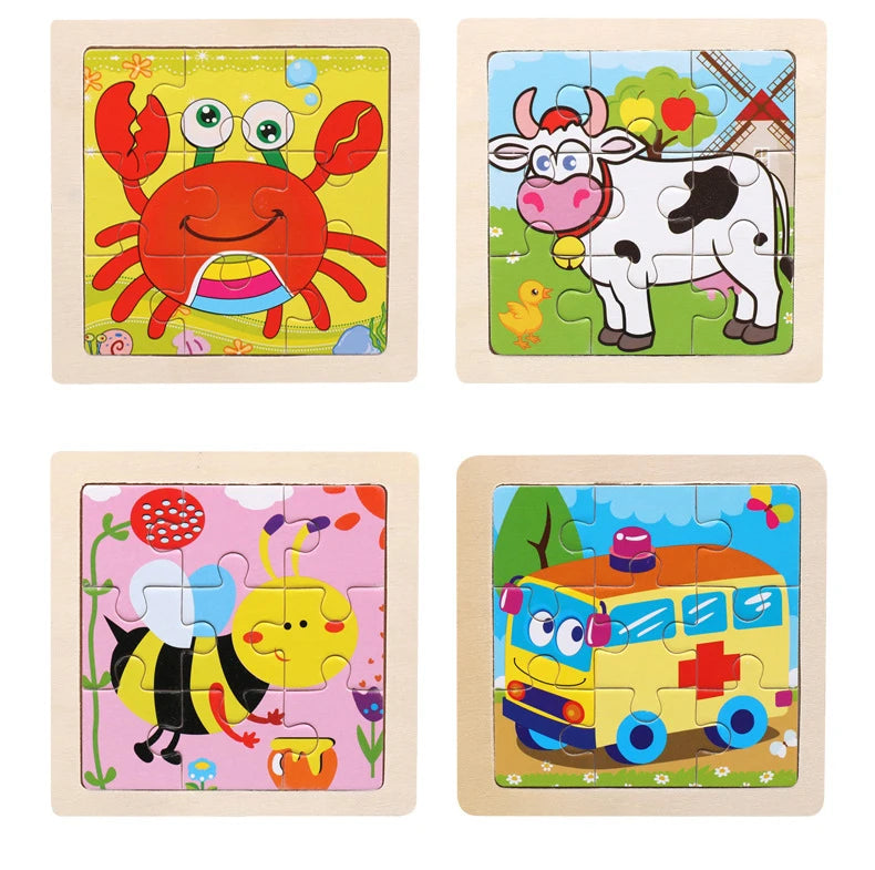 Set di 9 Puzzle in Legno per Bambini – Animali e Veicoli in Stile Montessori