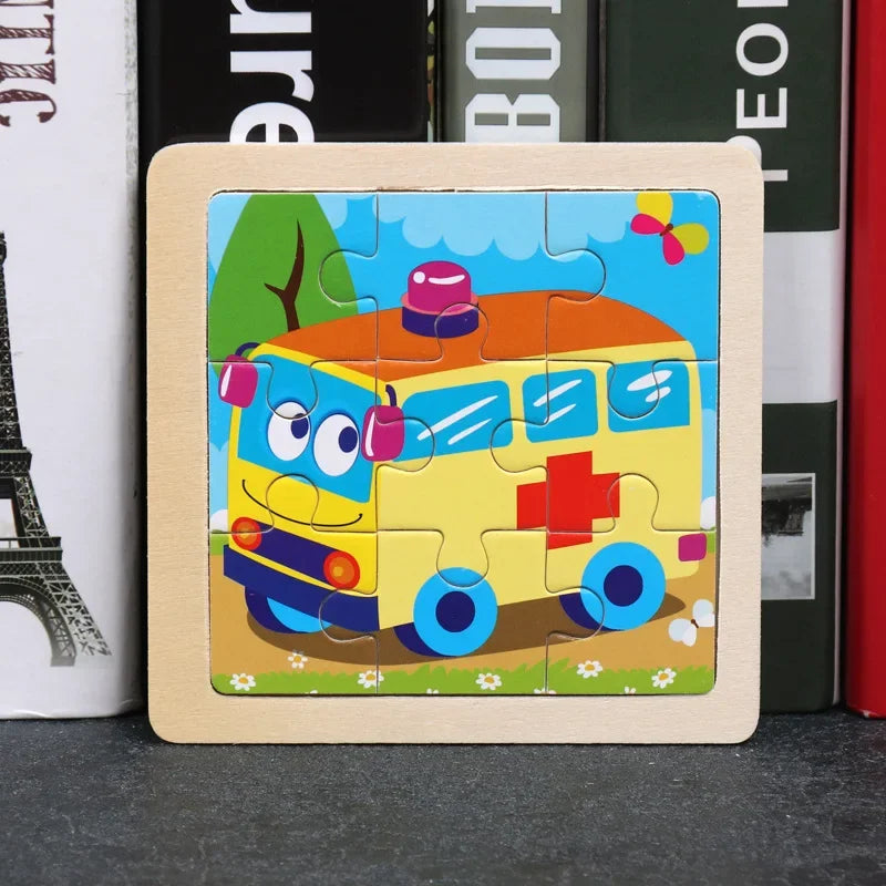 Set di 9 Puzzle in Legno per Bambini – Animali e Veicoli in Stile Montessori