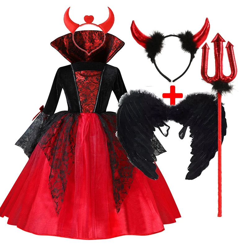 Costume da Cosplay di Vampira per Bambina 2024 - Abito da Halloween per Bambine, Sposa Fantasma Gotica, Outfit da Carnevale in Nero e Rosso