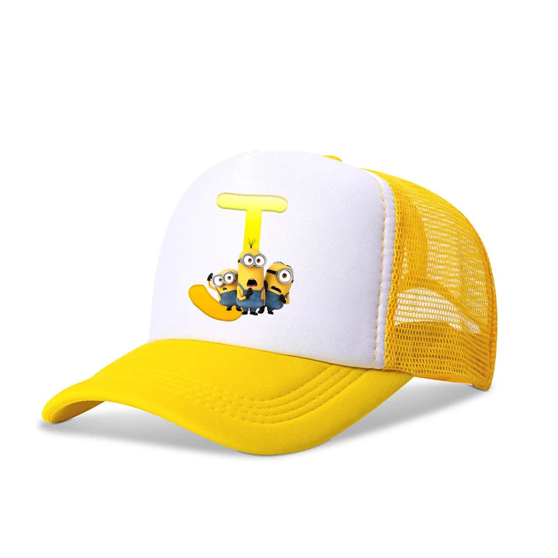 Cute Minionss Baseball Cap Kids Adult Letters A-Z Despicable Mes Movie Print Hat Outdoor Casual Sunshade Summer Girl Kawaii Gift
