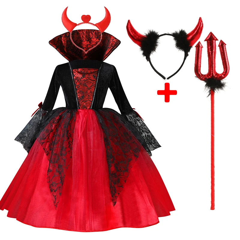 Costume da Cosplay di Vampira per Bambina 2024 - Abito da Halloween per Bambine, Sposa Fantasma Gotica, Outfit da Carnevale in Nero e Rosso
