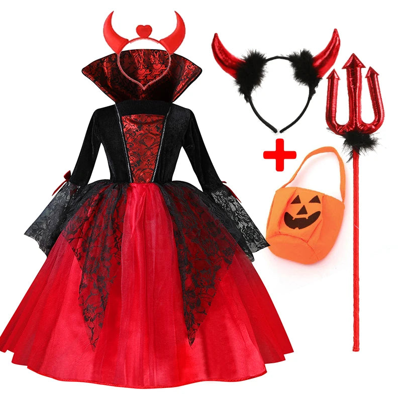 Costume da Cosplay di Vampira per Bambina 2024 - Abito da Halloween per Bambine, Sposa Fantasma Gotica, Outfit da Carnevale in Nero e Rosso