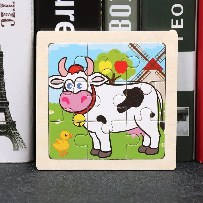 Set di 9 Puzzle in Legno per Bambini – Animali e Veicoli in Stile Montessori