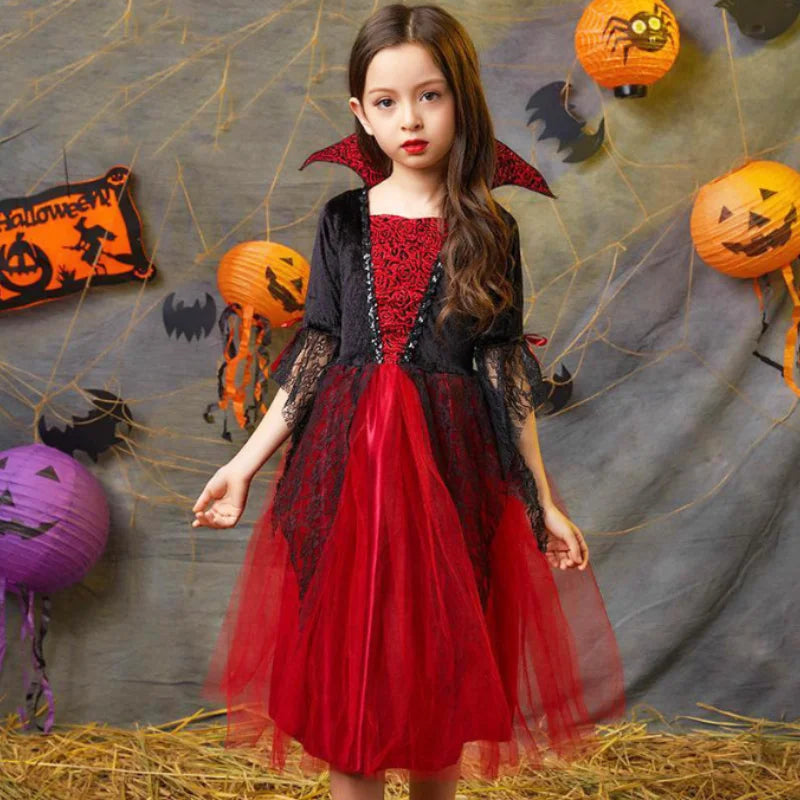 Costume da Cosplay di Vampira per Bambina 2024 - Abito da Halloween per Bambine, Sposa Fantasma Gotica, Outfit da Carnevale in Nero e Rosso