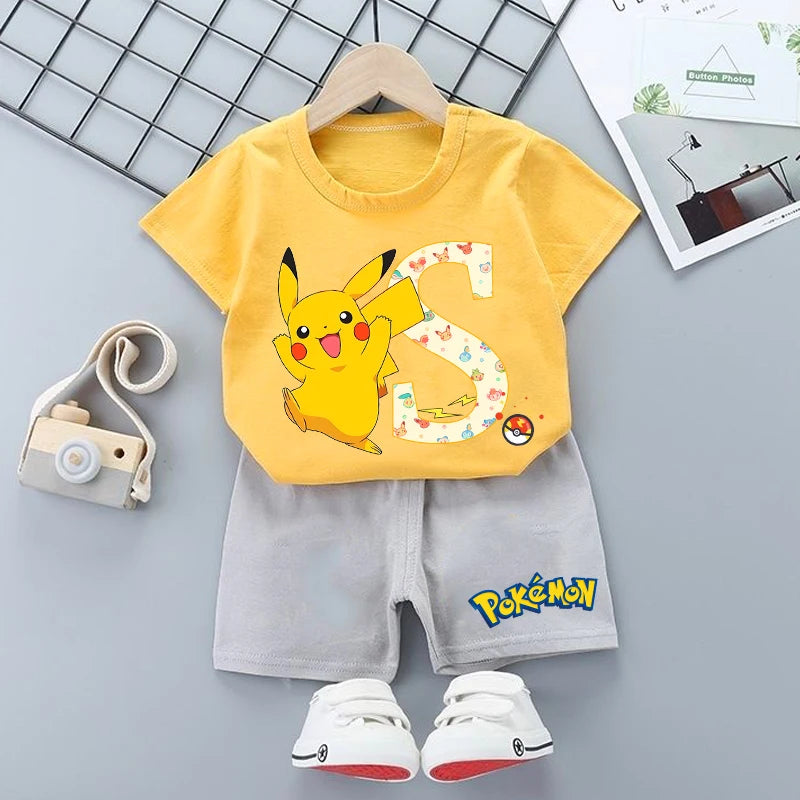 Pikachu T-shirt Shorts Set Kids PPokemons Kawaii Letter A-Z Tees Pants Boys Girls Summer Short Sleeve Trousers Children Clothes