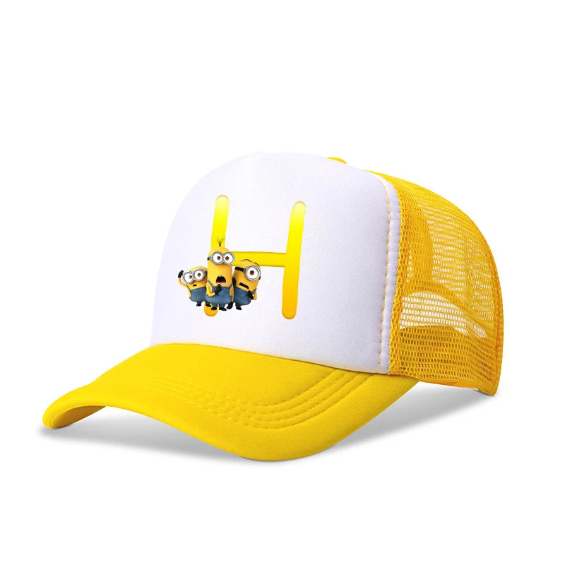 Cute Minionss Baseball Cap Kids Adult Letters A-Z Despicable Mes Movie Print Hat Outdoor Casual Sunshade Summer Girl Kawaii Gift