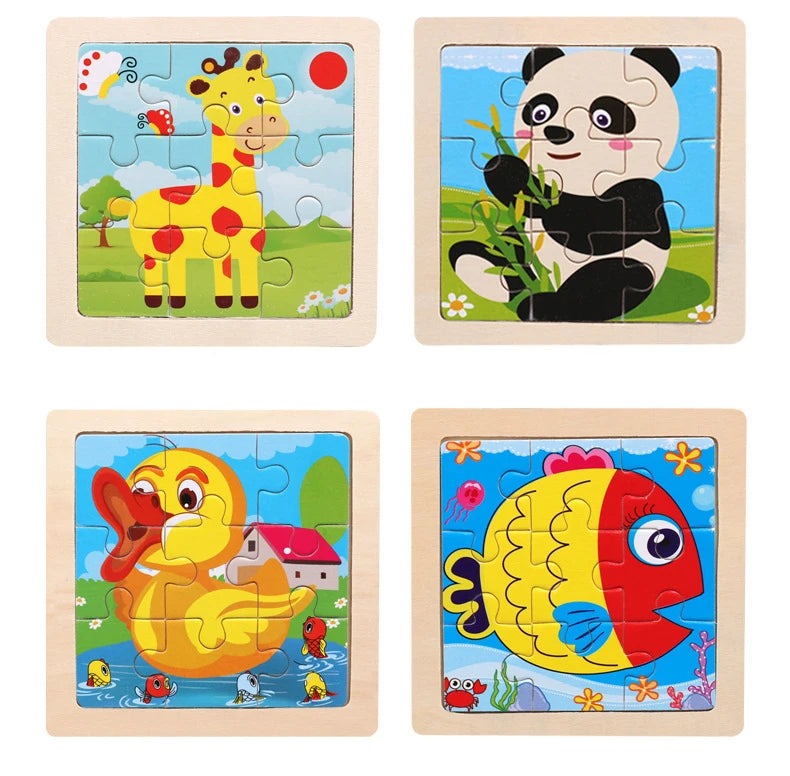 Set di 9 Puzzle in Legno per Bambini – Animali e Veicoli in Stile Montessori