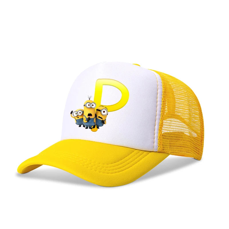 Cute Minionss Baseball Cap Kids Adult Letters A-Z Despicable Mes Movie Print Hat Outdoor Casual Sunshade Summer Girl Kawaii Gift