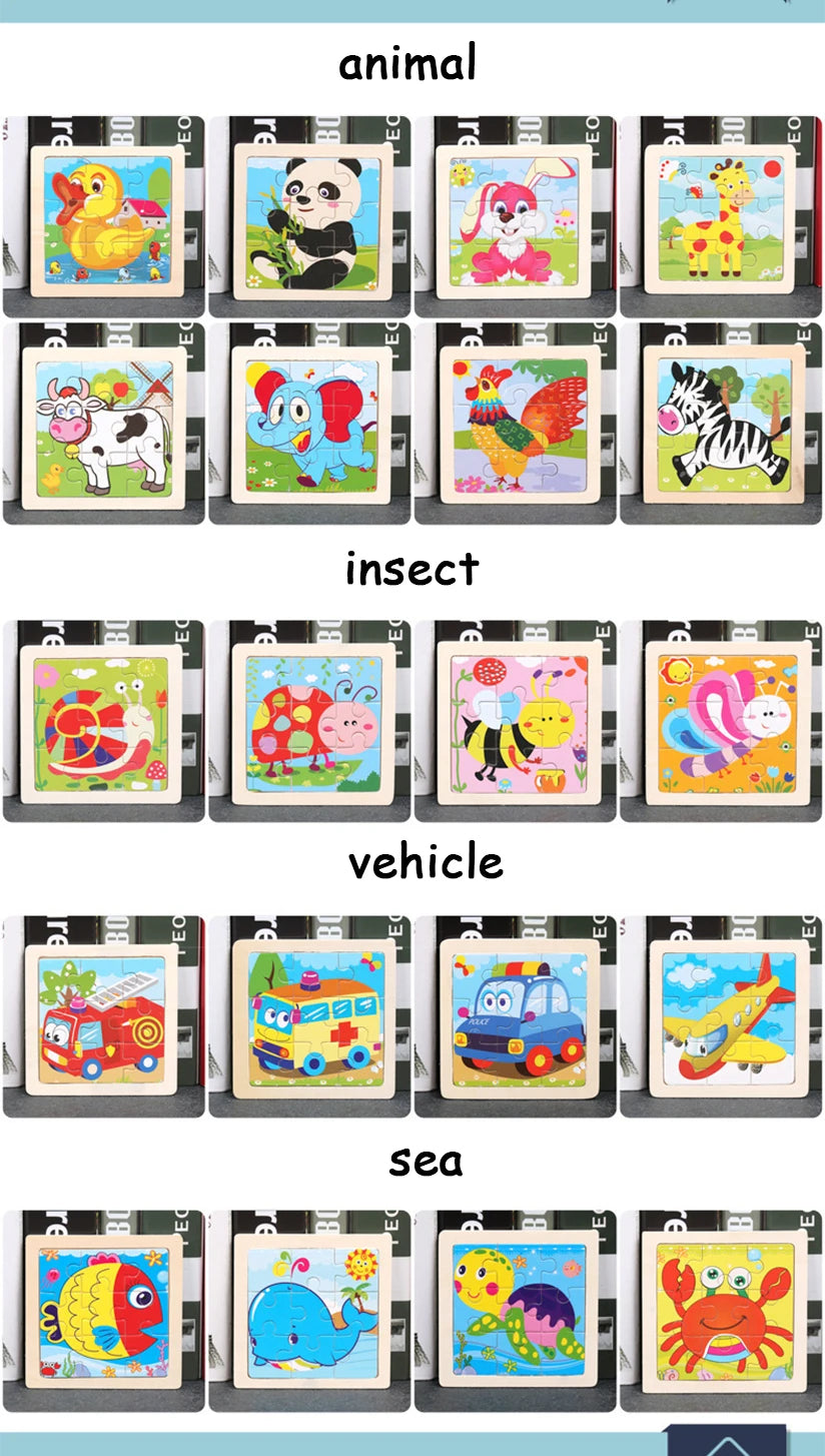 Set di 9 Puzzle in Legno per Bambini – Animali e Veicoli in Stile Montessori
