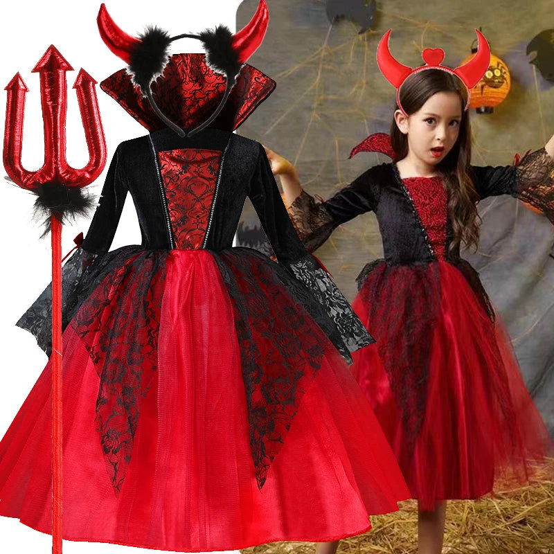 Costume da Cosplay di Vampira per Bambina 2024 - Abito da Halloween per Bambine, Sposa Fantasma Gotica, Outfit da Carnevale in Nero e Rosso