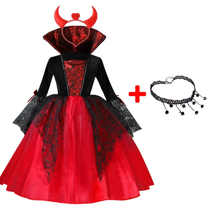 Costume da Cosplay di Vampira per Bambina 2024 - Abito da Halloween per Bambine, Sposa Fantasma Gotica, Outfit da Carnevale in Nero e Rosso