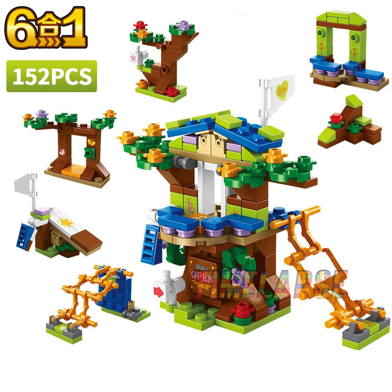 Set di Costruzioni 6 in 1 – Casa sull'Albero con Scivolo e Castello per Bambini