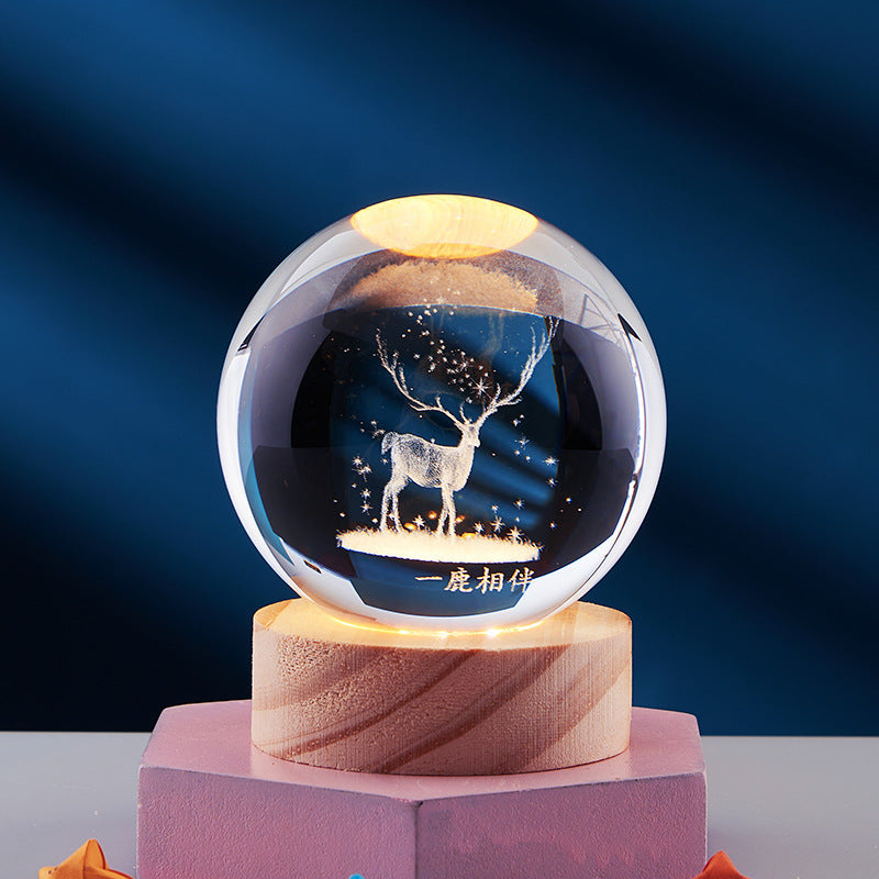 Sfera di Cristallo con Sistema Solare Inciso 3D - Lampada Notturna Luminosa a Luce Calda per Comodino